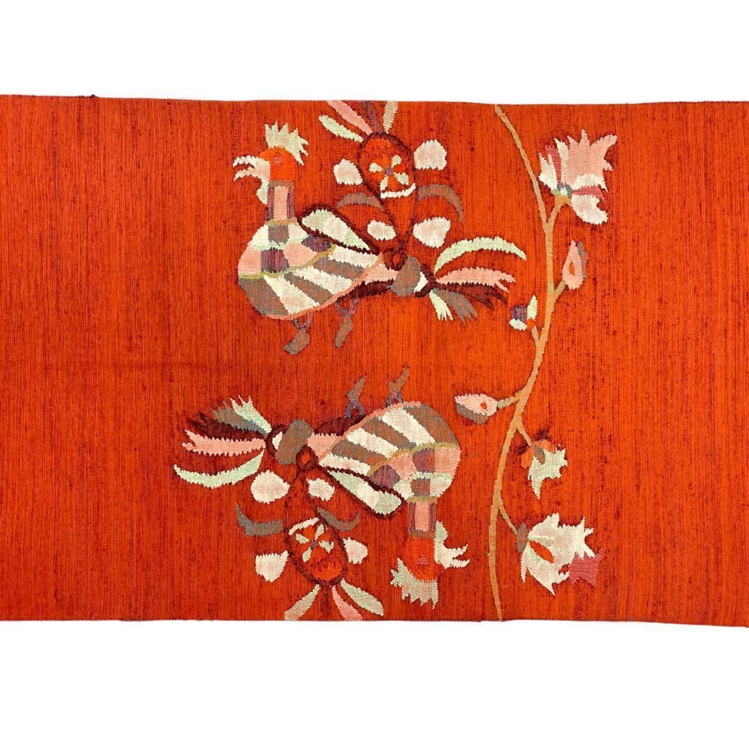 紬袋帯 洒落帯 すくい織 正絹 花鳥柄 渋い朱赤 着物 kimonolove