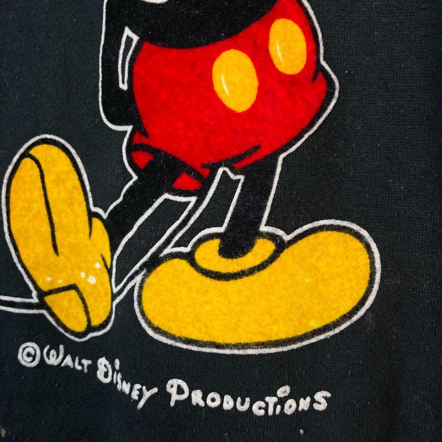 80sUSA製ディズニーDisneyキャラクタースウェットラグラントレーナーキャラ物Mickey Mouseミッキーマウス刺繍フロッキープリント袖ライン黒ブラック赤レッド白ホワイトオレンジアメカジストリートレトロvintageヴィンテージ50925