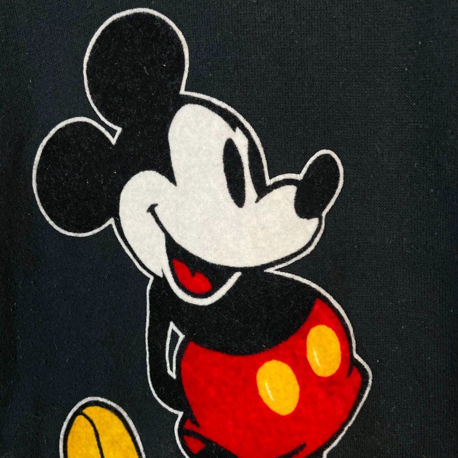 80sUSA製ディズニーDisneyキャラクタースウェットラグラントレーナーキャラ物Mickey Mouseミッキーマウス刺繍フロッキープリント袖ライン黒ブラック赤レッド白ホワイトオレンジアメカジストリートレトロvintageヴィンテージ50925