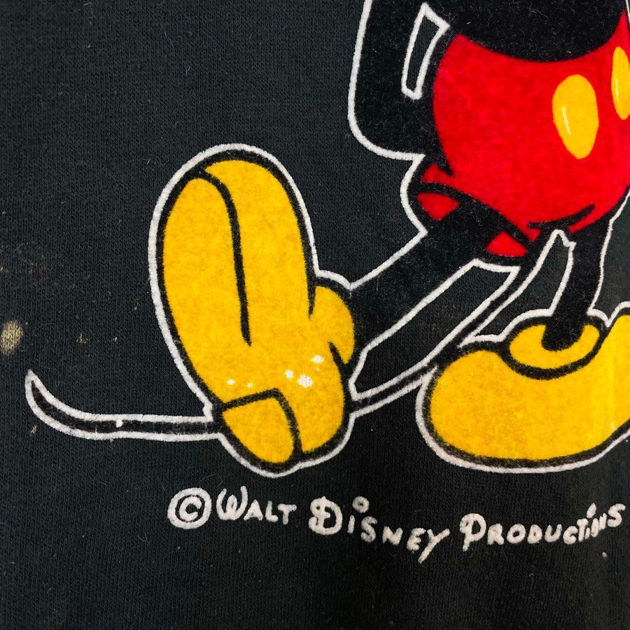 80sUSA製ディズニーDisneyキャラクタースウェットラグラントレーナーキャラ物Mickey Mouseミッキーマウス刺繍フロッキープリント袖ライン黒ブラック赤レッド白ホワイトオレンジアメカジストリートレトロvintageヴィンテージ50925
