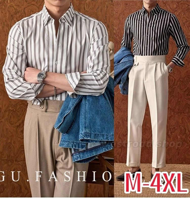 定番，大得価 綿混 ストライプ柄 ノーアイロン フォーマルシャツ メンズシャツ シンプル 開襟シャツ 形態安定 ビジネスシャツ 長袖 定番 ワイシャツ リク コート・ジャケット