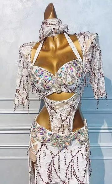 ベリーダンス衣装 ブラベルトスカートセット ホワイト オーダーメイド