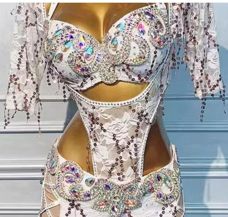 ベリーダンス衣装 ブラベルトスカートセット ホワイト オーダーメイド