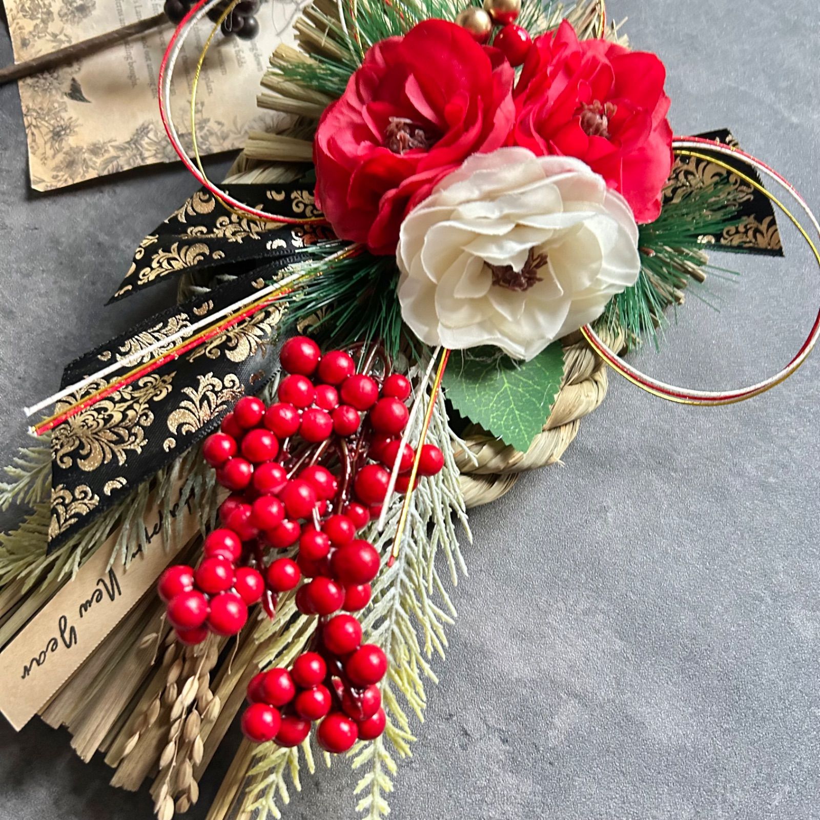 No.165 紅白わらのしめ縄リース2026 ハンドメイド お正月飾り玄関