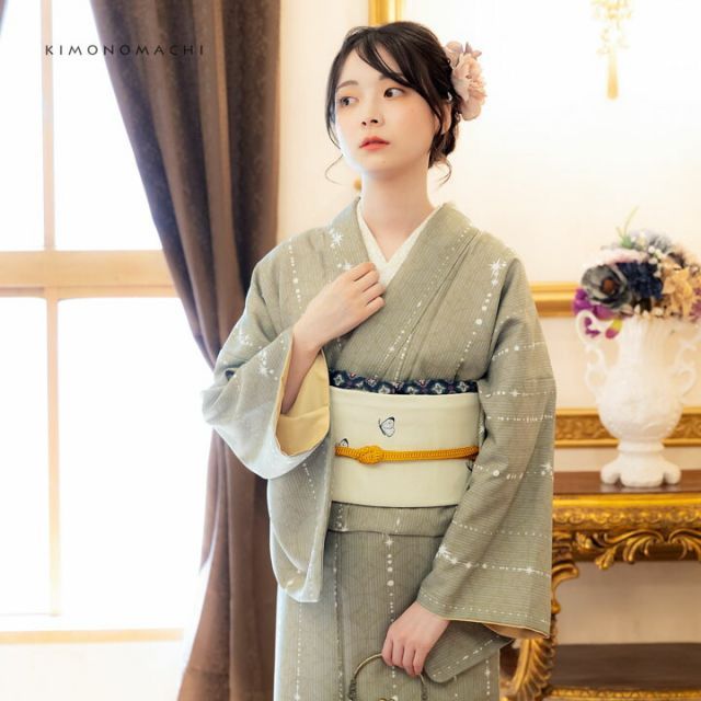 種類16：M/08丸花更紗に菱 灰釉 洗える着物 セット「袷着物＋京袋帯の2