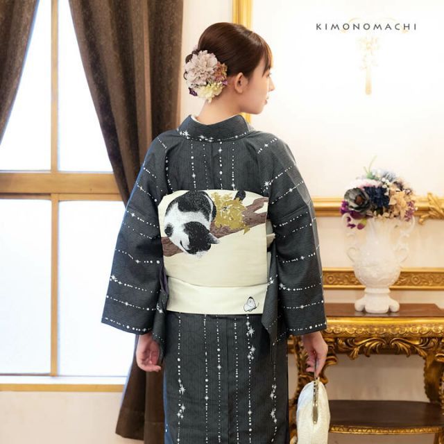 種類16：M/08丸花更紗に菱 灰釉 洗える着物 セット「袷着物＋京袋帯の2