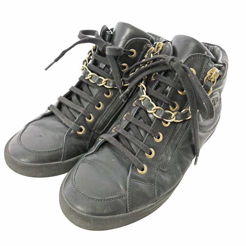 シャネル CHANEL オールレザー チェーン スニーカー ココマーク 35