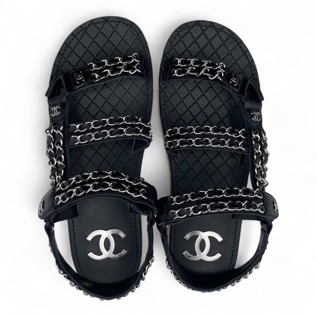 シャネル ココマーク チェーン フラット サンダル 38 ブラック シルバー 24.0 cm