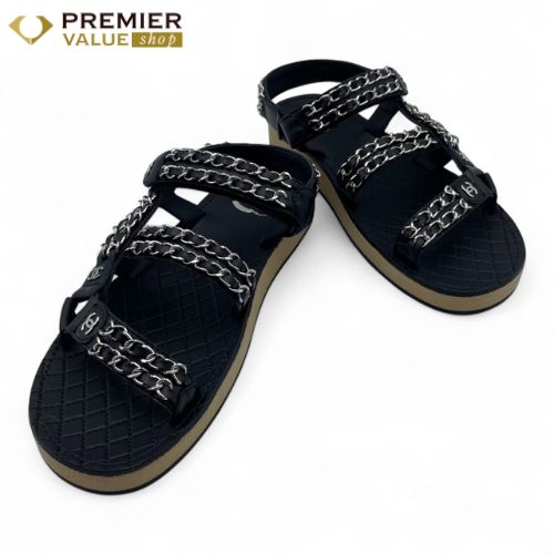 シャネル ココマーク チェーン フラット サンダル 38 ブラック シルバー 24.0 cm