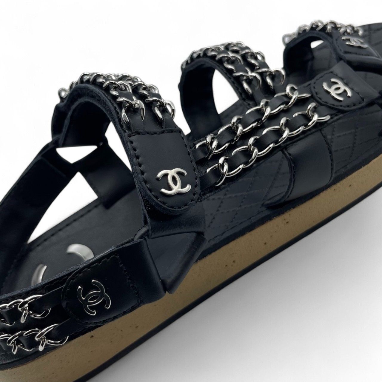  シャネル ココマーク チェーン フラット サンダル 38 ブラック シルバー 24.0 cm サンダル サンダル ミュール