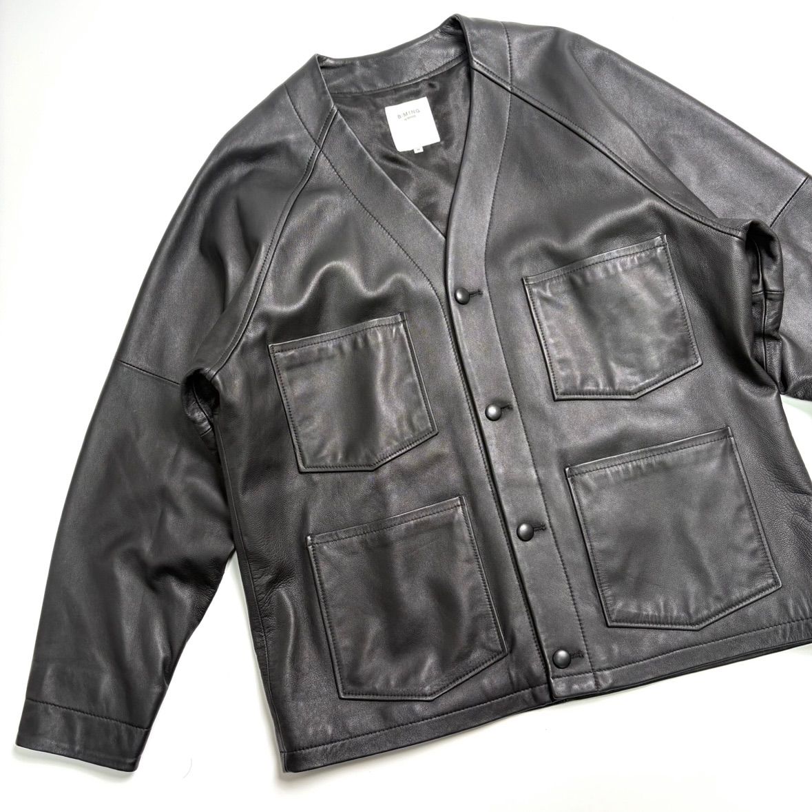 羊革】BEAMS レザージャケット 黒 M シープスキン カーディガン ノー