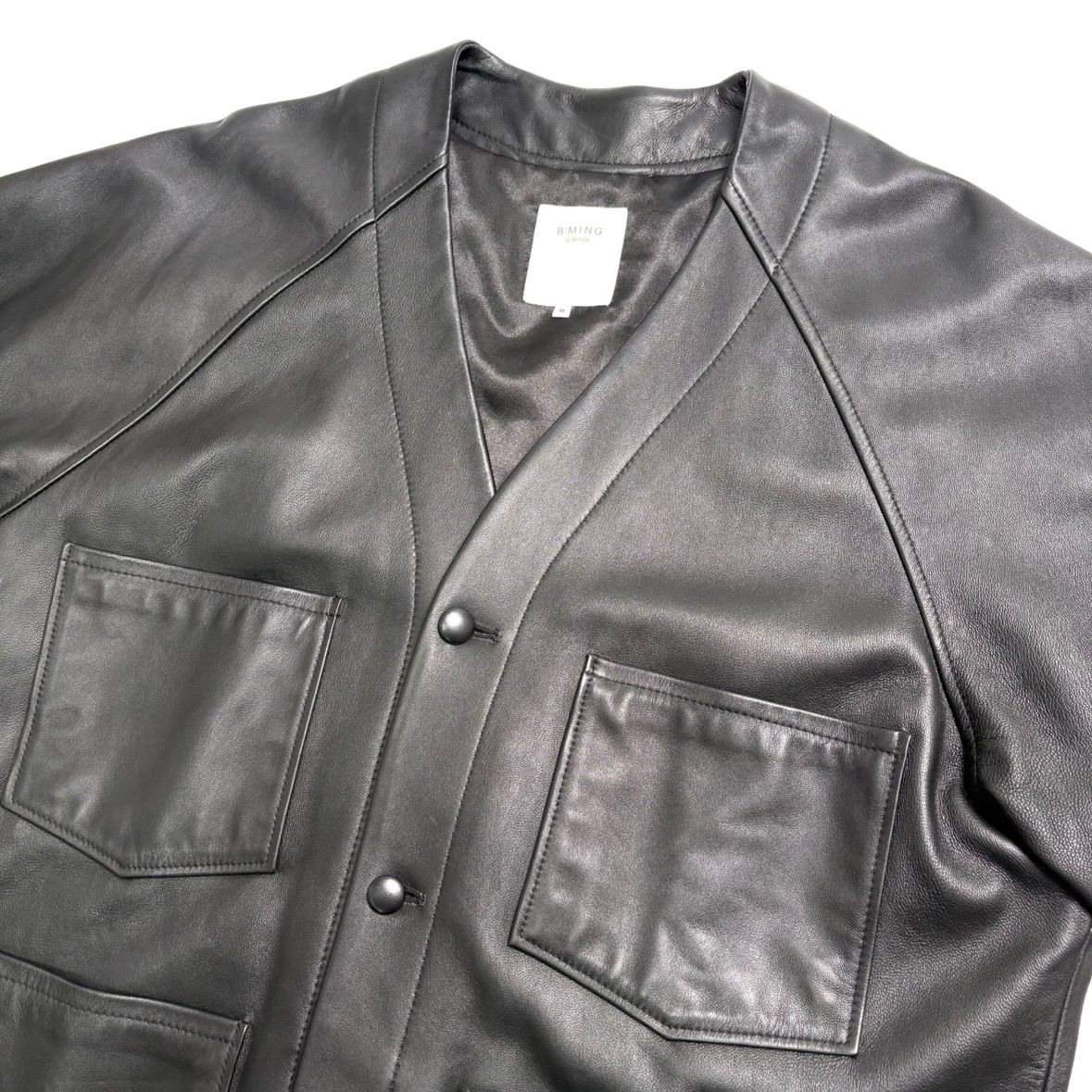 羊革】BEAMS レザージャケット 黒 M シープスキン カーディガン ノー