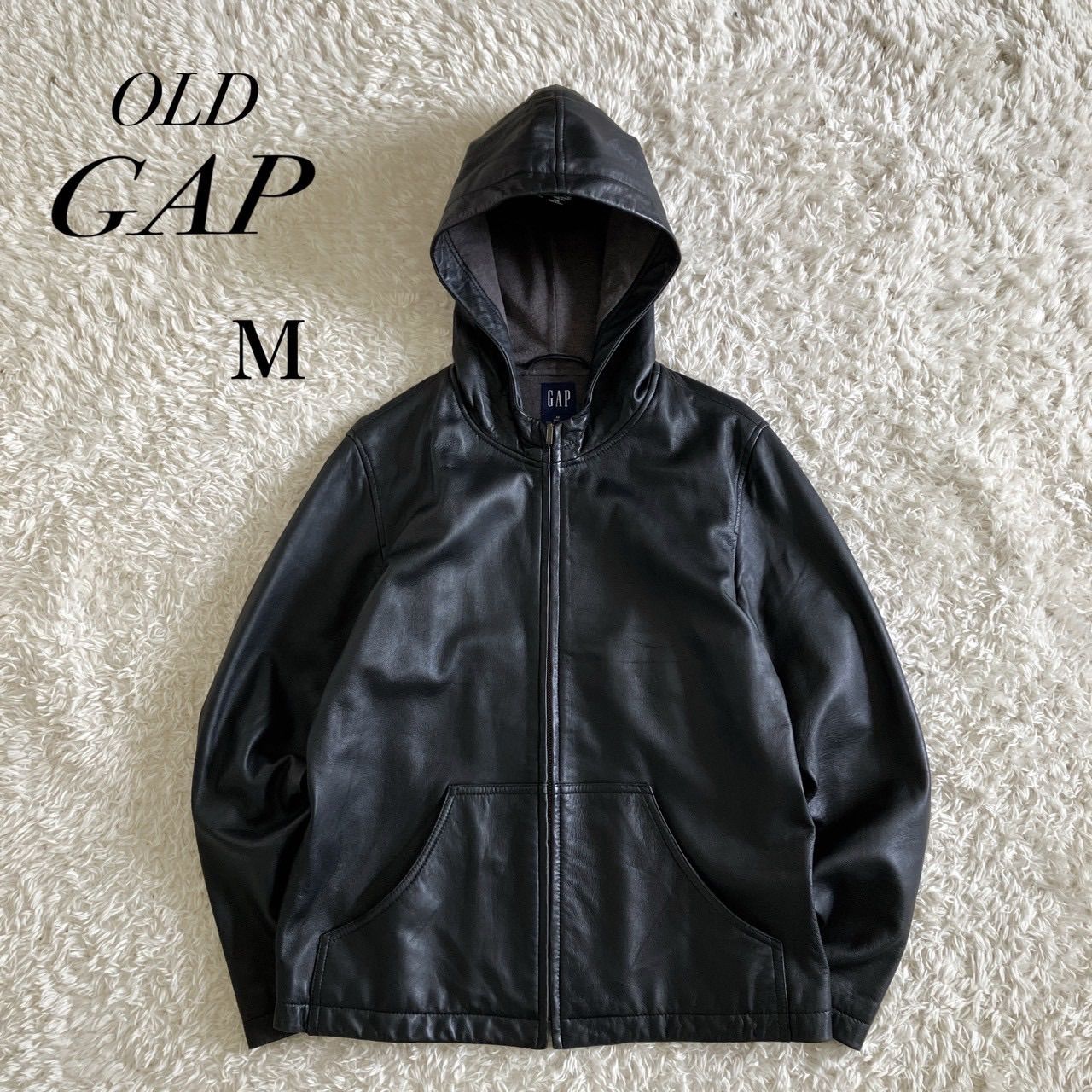 GAP vintageフード付きラムレザージャケット M 黒 美品！OLD GAP ギャップ レザー パーカー ラムレザー 本革 羊革 y2k