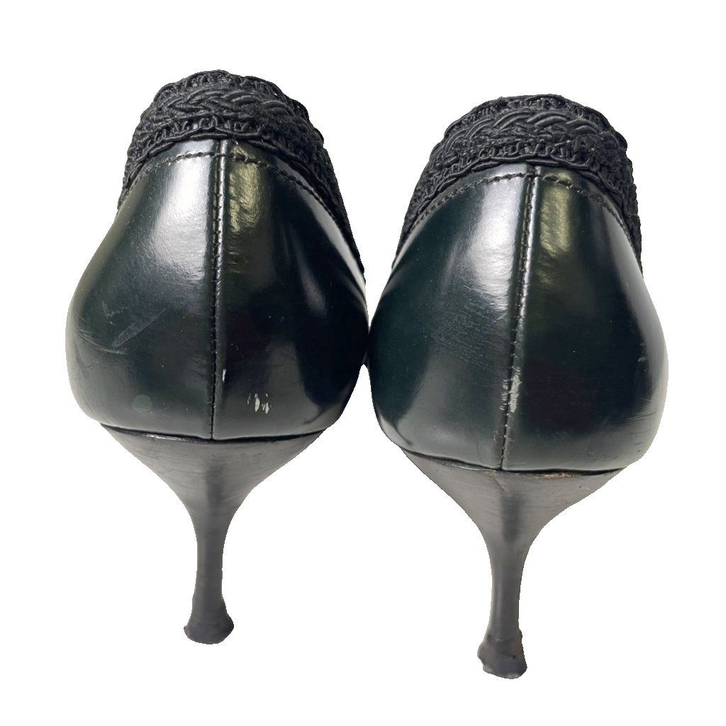 PRADA ブラックリボン付きヒール値下げ プラダ PRADA ベロアリボン レザー ピンヒール パンプス ポインテッド