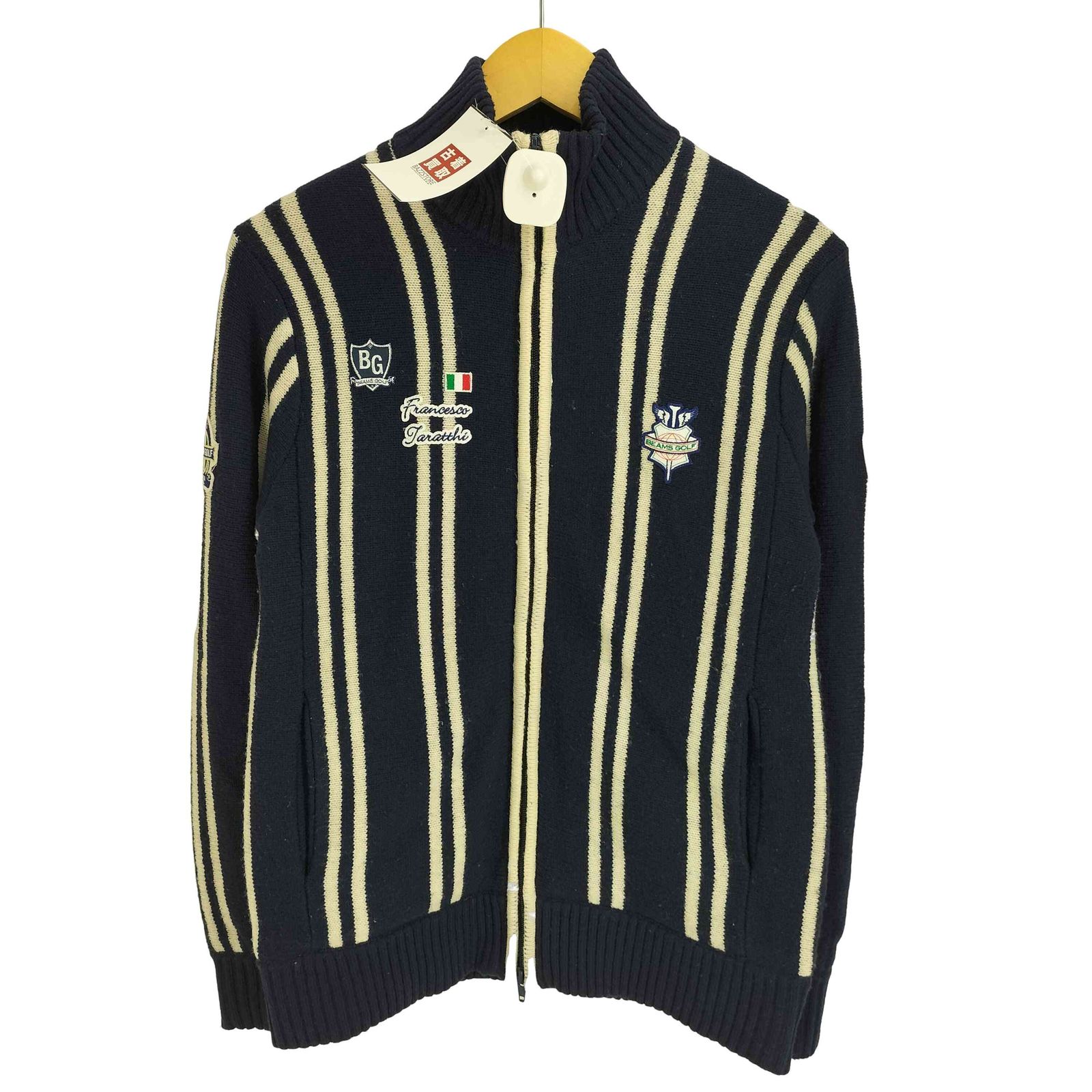 美品　ビームスゴルフ　ストライプ　ニットブルゾン　ワッペン　ゴルフウェア ビームス BEAMS GOLF ストライプ ワッペン刺繍 ニットジャケット