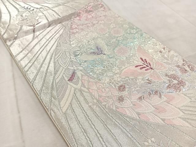 5k2364 袋帯　絹　唐織　孔雀　白　ピンク　銀色　花柄　和装　着物 5k2364 袋帯 絹 唐織 孔雀 白 ピンク 銀色 花柄 和装 着物