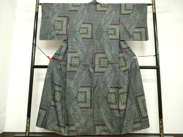 平和屋着物▽訪問着 本場大島紬 単衣 幾何学文様 正絹 逸品 AABC3955fy