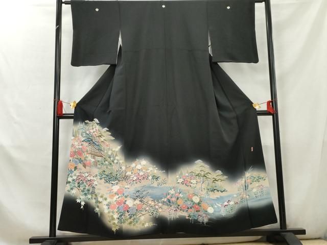 逸品❇️ますいわ屋扱い黒留め袖　有名作家手描友禅暈し染め　22点総フルセット 平和屋着物□豪華黒留袖 友禅 作家物 浜松風景花文 暈し染め 正絹 逸品