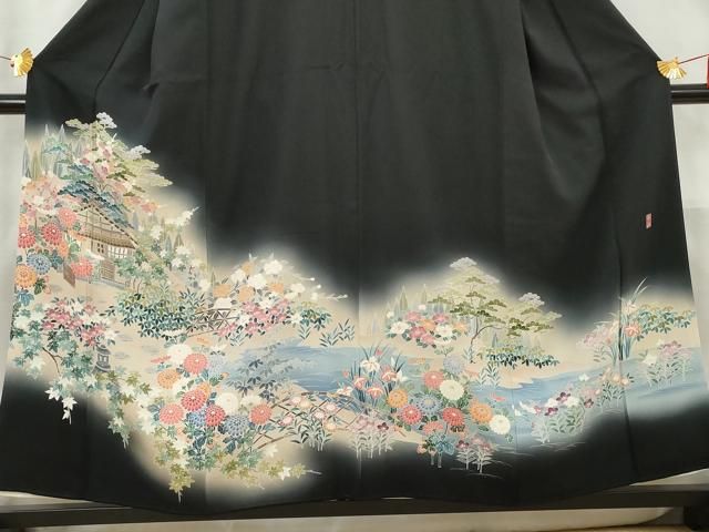 平和屋着物□豪華黒留袖 友禅 作家物 浜松風景花文 暈し染め 正絹 逸品