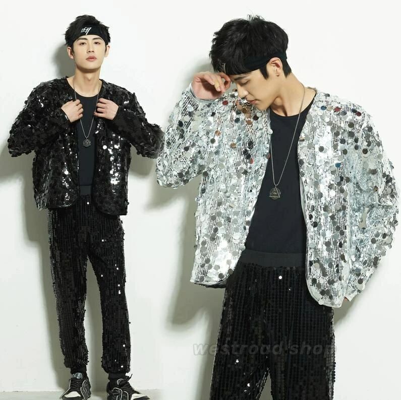 ダンス衣装 長袖ジャケット ロングパンツ スパンコール キラキラ 単品ORセットアップ メンズ ノーカラージャケット ヒップホップ HIPHOP か