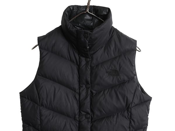 な ! ノースフェイス ナイロン ダウン ベスト レディース S 古着 アウトドア 700フィル フルジップ ハイネック 重ね着 キルティング シンプル 黒