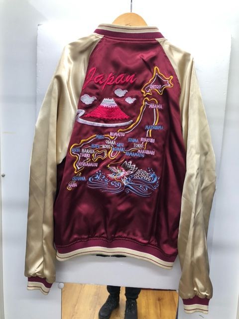 日本地図　富士山　桜　龍　刺繍　長袖　スカジャン アメカジロカビリー双龍×富士山×日本地図×桜吹雪刺繍リバーシブル