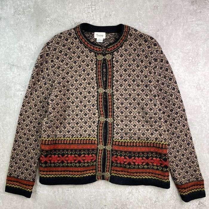 古着　ニットジャケットカーディガン　アンゴラ　キャメルウール　チロルXL. Cambridge ノルディック柄 チロル ウールニットカーディガン
