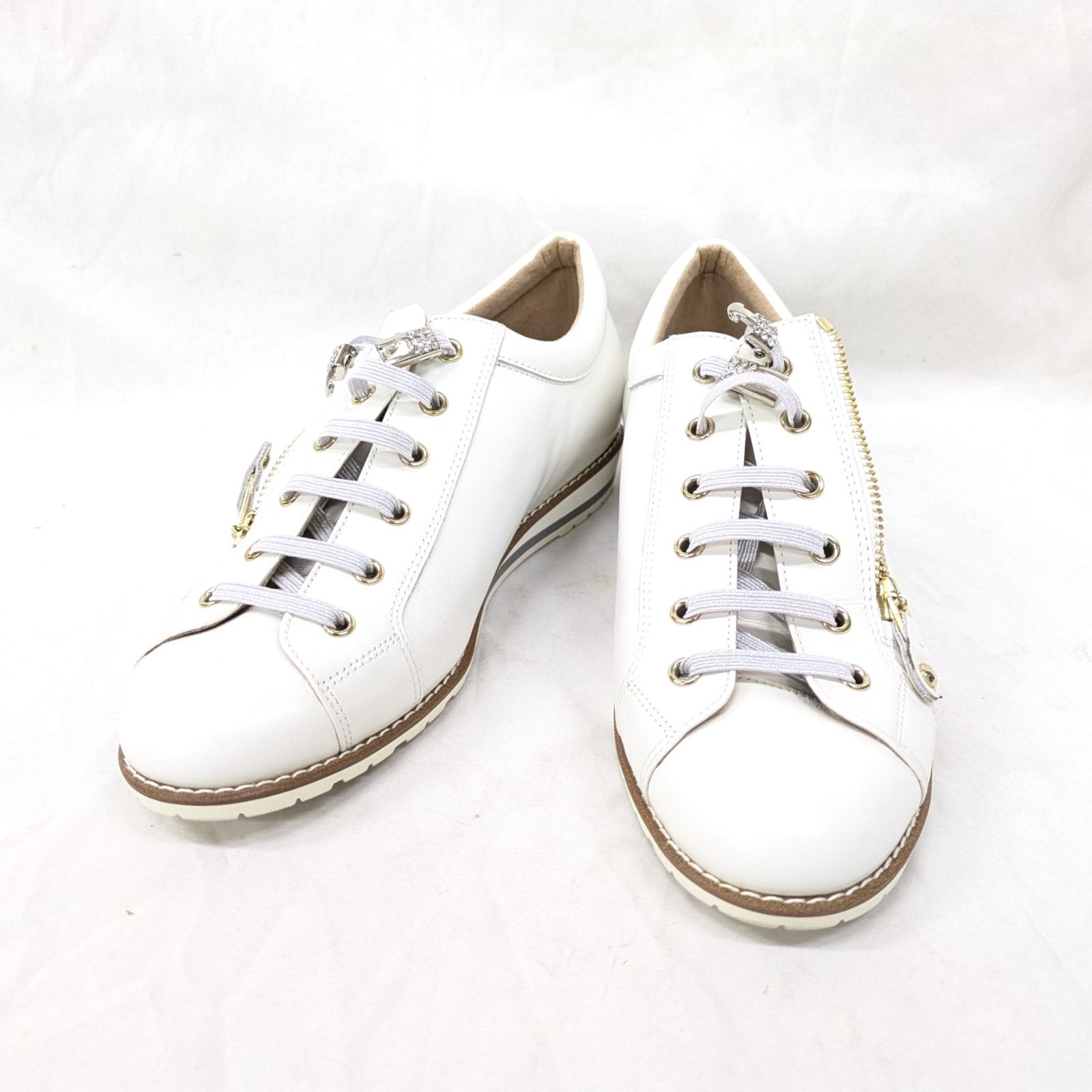 極美品✨銀座かねまつ アクアベル レザー スニーカー ジッパー付き 極美品！ 銀座かねまつ スニーカー 24.5cm ホワイト レザー アクアベル