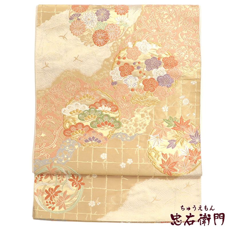 袋帯 フォーマル 正絹 六通柄 ベージュ 金 道長取り 花の丸文 長さ