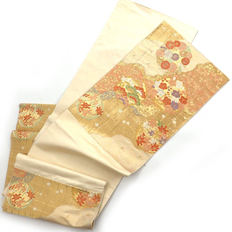 袋帯 フォーマル 正絹 六通柄 ベージュ 金 道長取り 花の丸文 長さ
