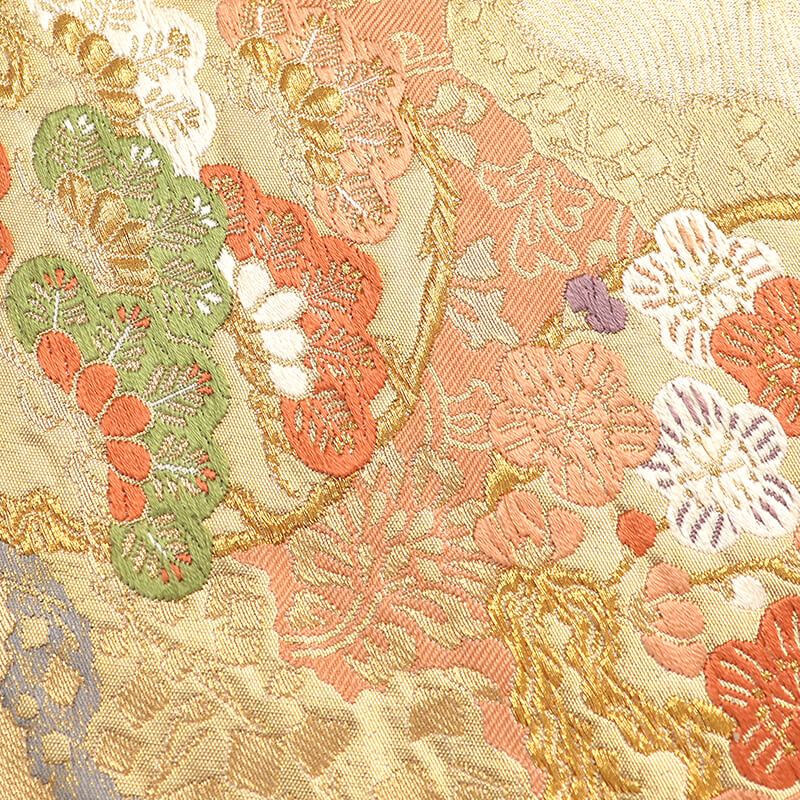 袋帯 フォーマル 正絹 六通柄 ベージュ 金 道長取り 花の丸文 長さ