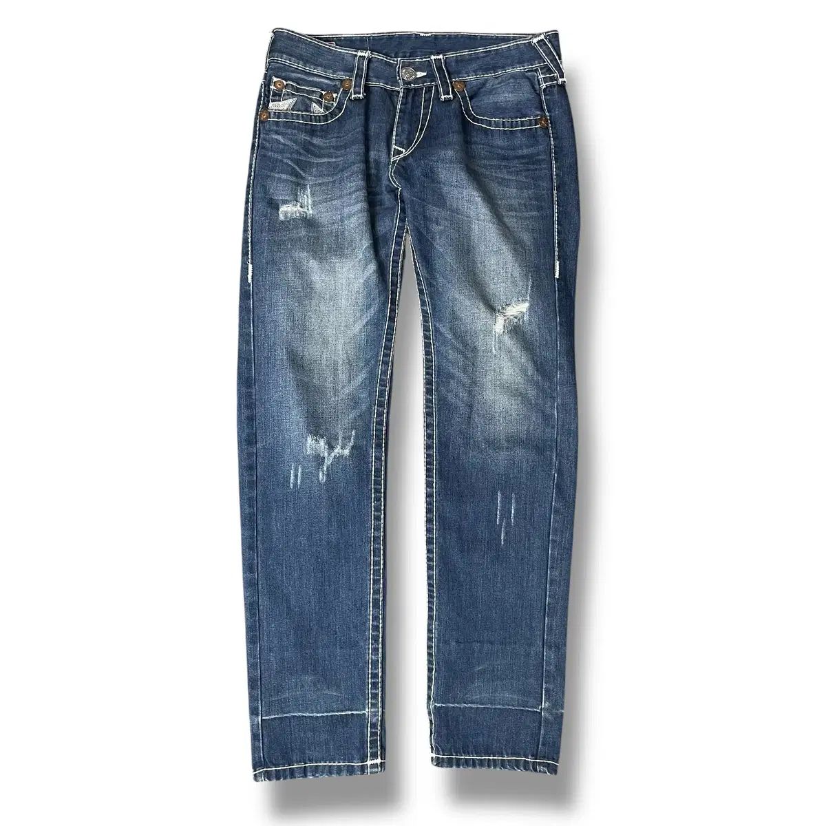 34) トゥルーレリジョン 刺繍 白 ステッチ デニム ストレート パンツ