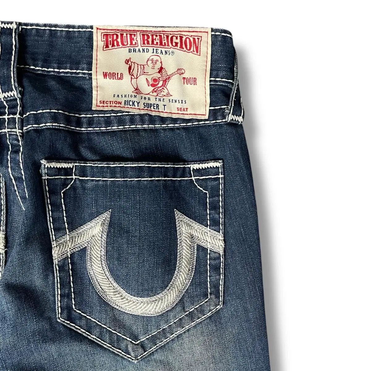 34) トゥルーレリジョン 刺繍 白 ステッチ デニム ストレート パンツ