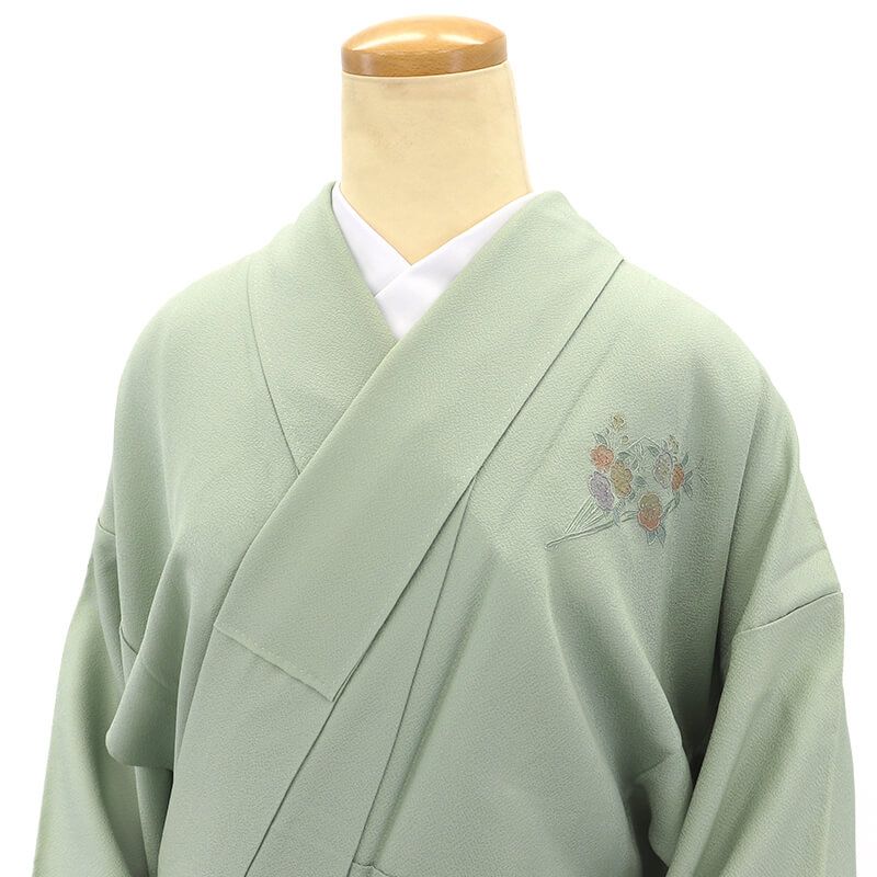 付下げ 袷 レディース 正絹 薄緑 刺繍 扇 花 身丈156cm 裄丈66cm