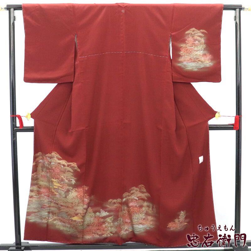 訪問着 一つ紋 剣片喰 落款 袷 レディース 正絹 赤 金彩 風景柄 身丈160 5 cm 裄丈64 フォーマル Mサイズ相当