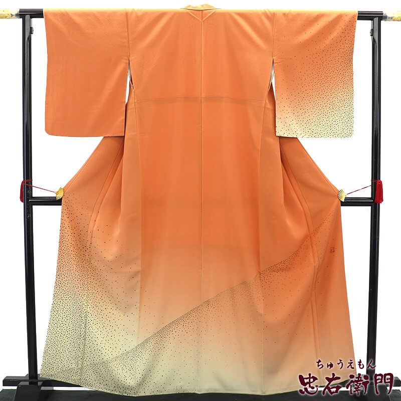 福田喜 付下げ 落款 袷 レディース 正絹 オレンジ ベージュ 色紙散らし