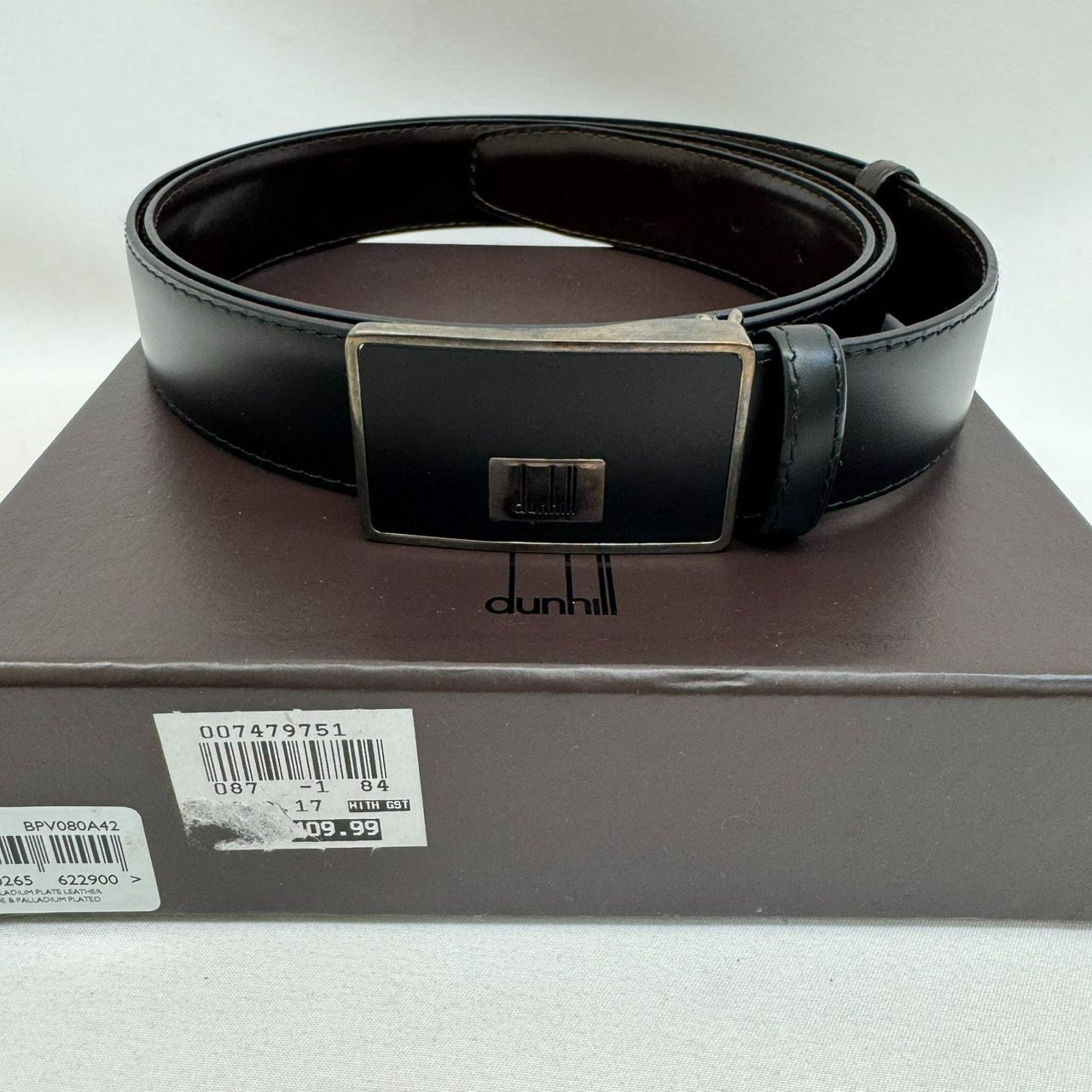 K【未使用】ダンヒル レザーベルト ブラック シルバー スクエアロゴ