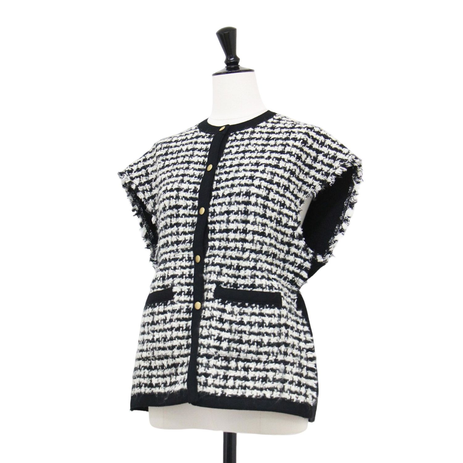 Ballsey ボールジー ベスト ブラック ホワイト 黒白 サイズ:36(9号) | 24秋冬 ニット コンビ ツイード フレンチスリーブ ジレ / ベスト | クルーネック スパンコール ウール | トップス【レディース】【中古】【K4642】 Ballsey ボールジー ベスト ブラック ホワイト 黒白 サイズ:36(9号