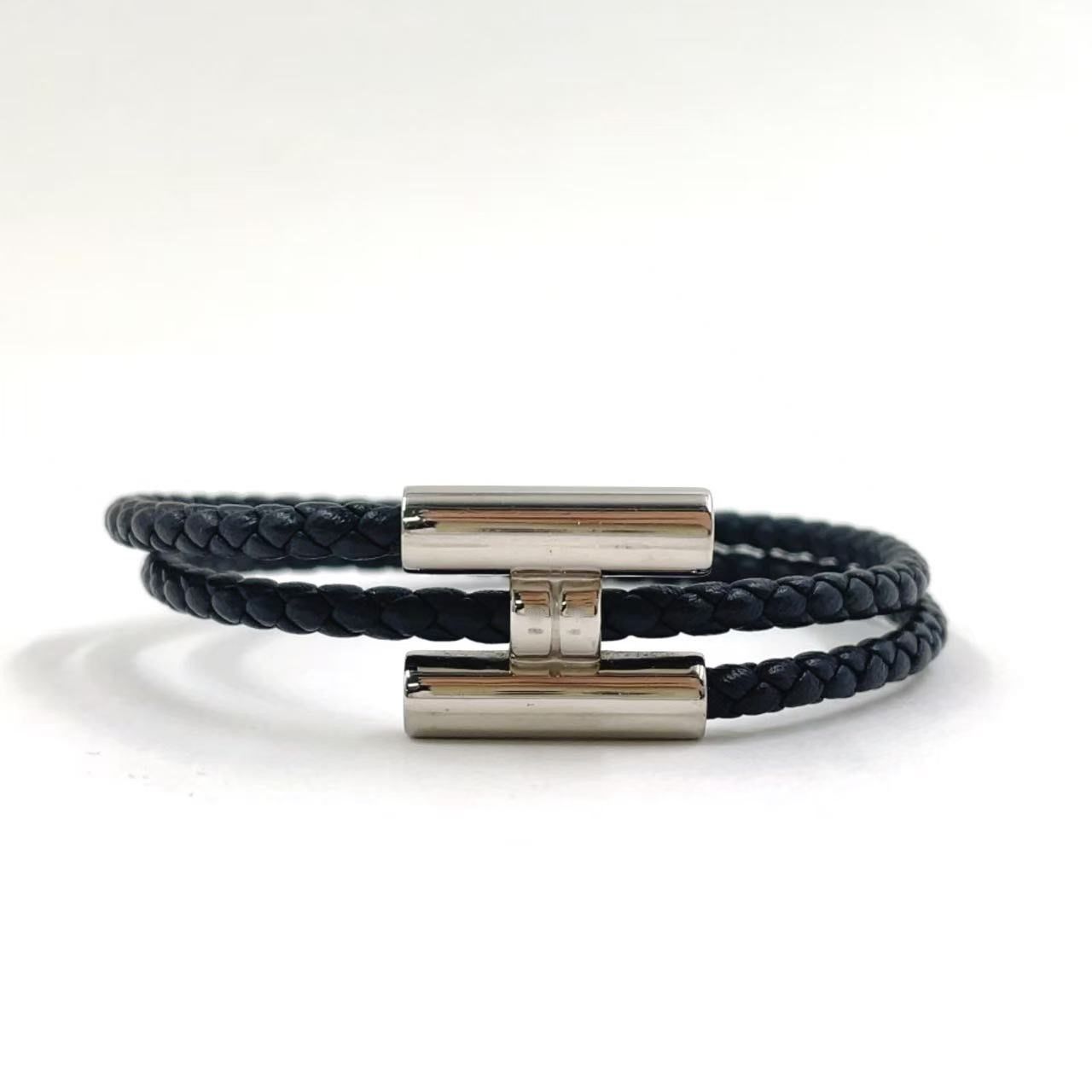 HERMESピュアブラックブレスレット HERMES トゥル二 レザー×メタル ブラック ブレスレット シルバー