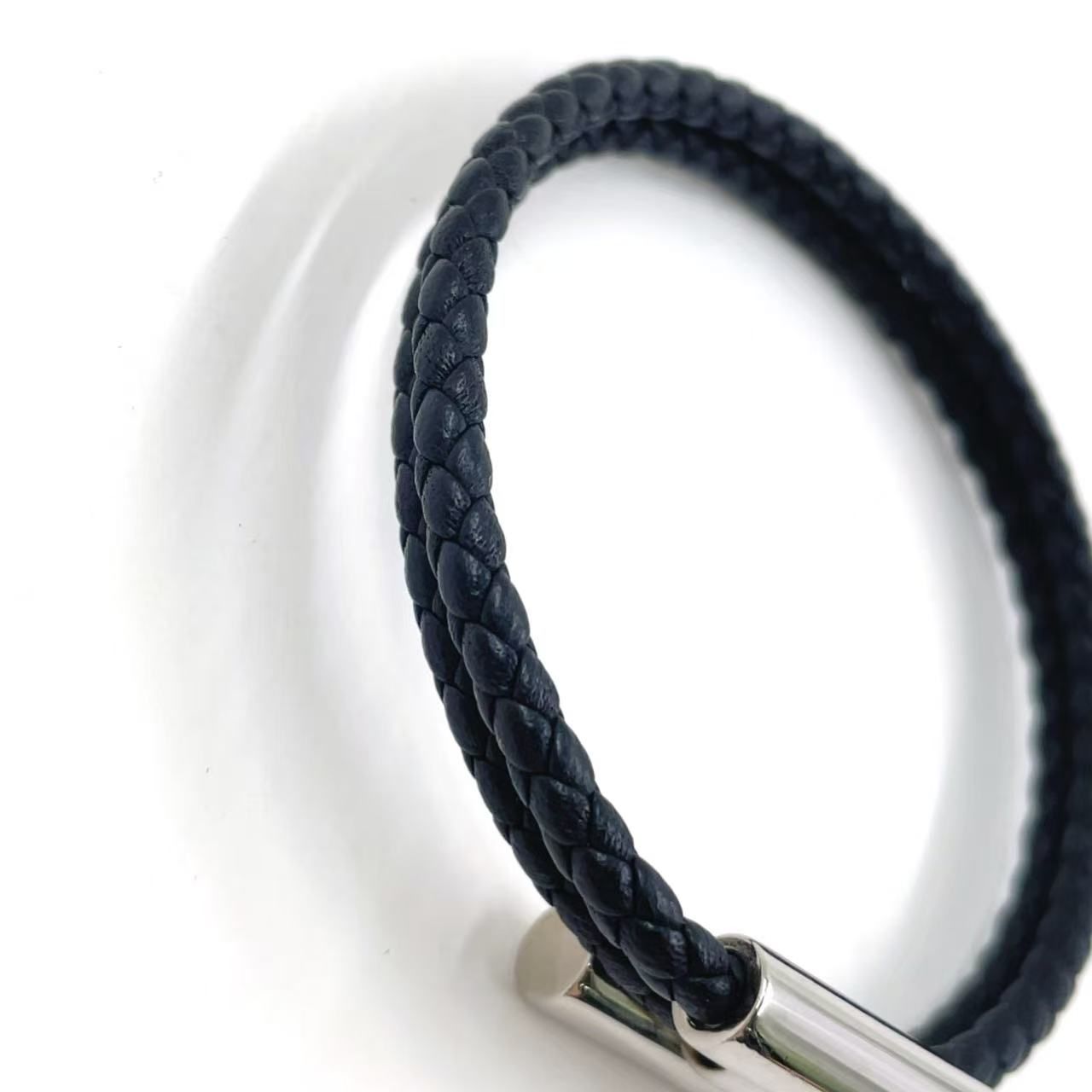 HERMES トゥル二 レザー×メタル ブラック ブレスレット シルバー