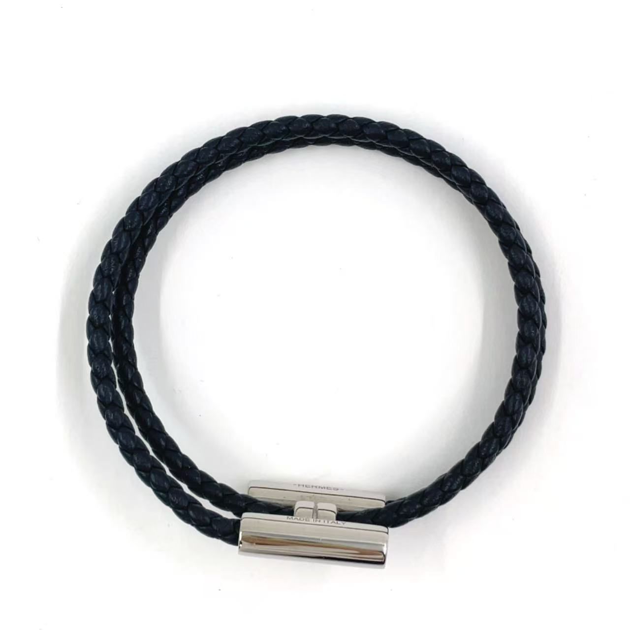 HERMESピュアブラックブレスレット HERMES トゥル二 レザー×メタル ブラック ブレスレット シルバー