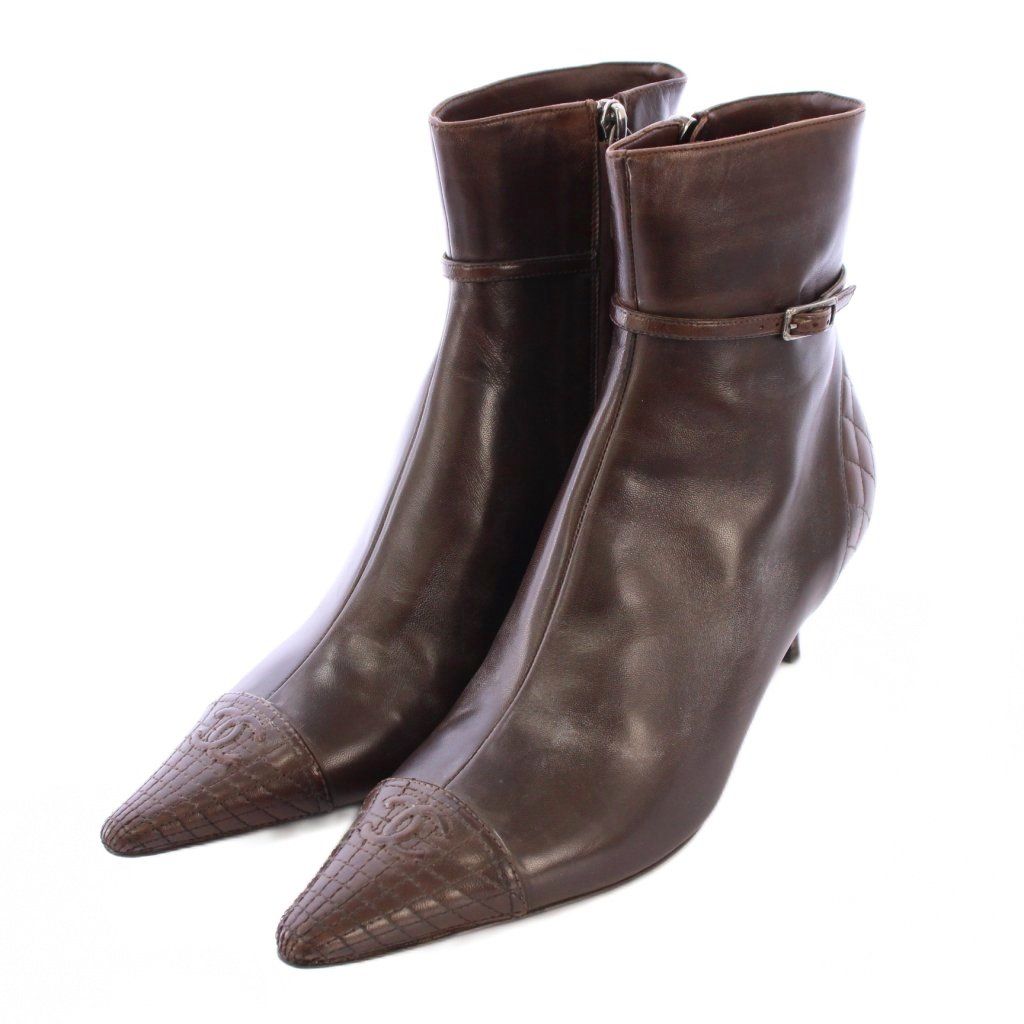 シャネル CHANEL ショートブーツ ポインテッドトゥ ハイヒール レザー