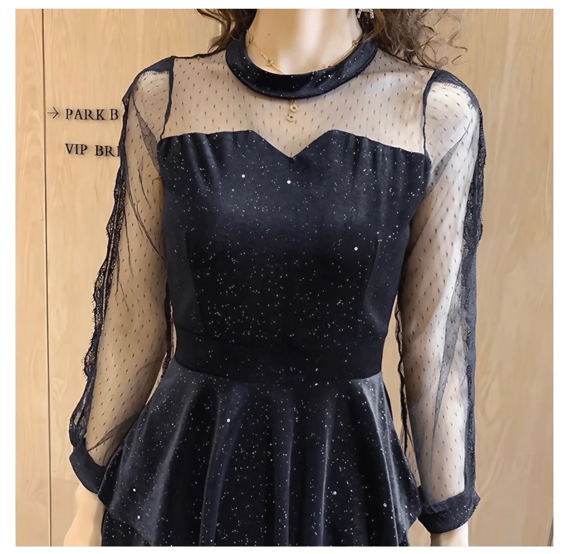 ベロア ロングワンピース 長袖 シースルー 結婚式 パーティードレス