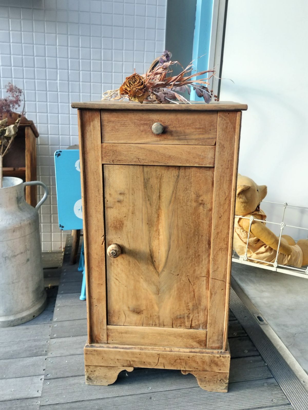 フランスアンティーク木製*大理石キャビネット/ナイトテーブル机/飾棚(86-48 フランス アンティーク シャビー 木製 ナイトテーブル キャビネット