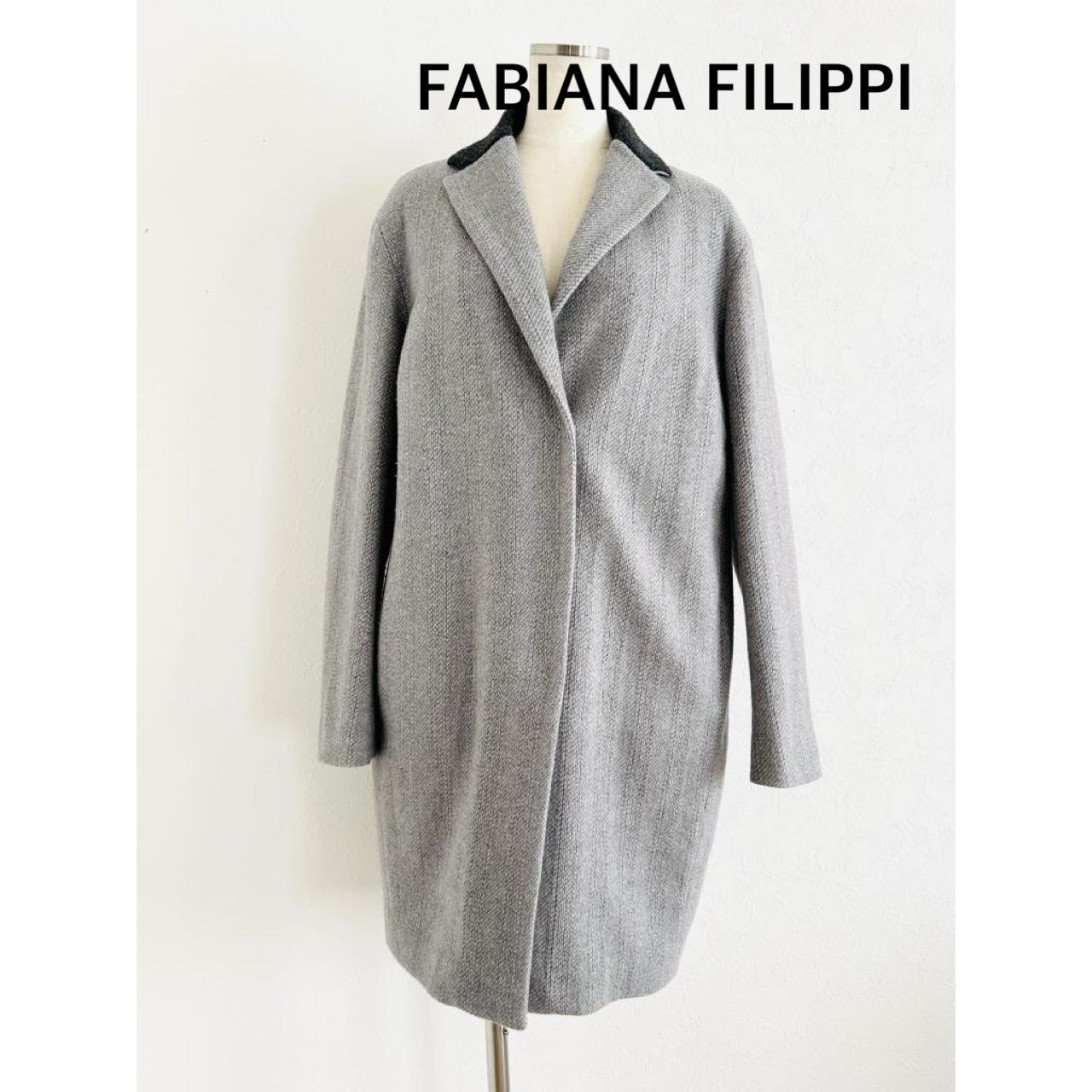 美品ꕥファビアナフィリッピ カシミヤ混 ツイードフーディニットコート モニーレ FABIANA FILIPPI ファビアナフィリッピ イタリア製 コート グレー 無地