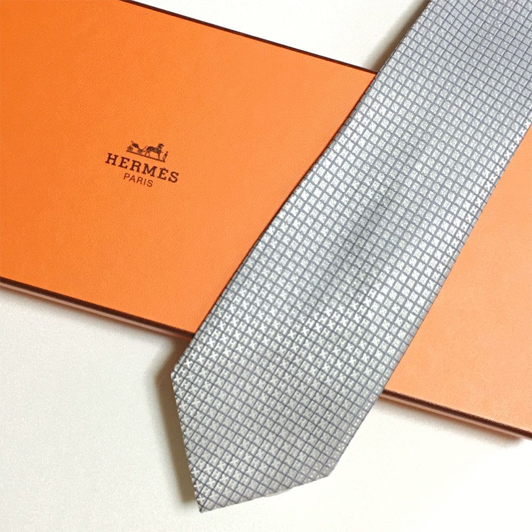 未使用級 エルメス HERMES ネクタイ シルク100% シルバーグレー