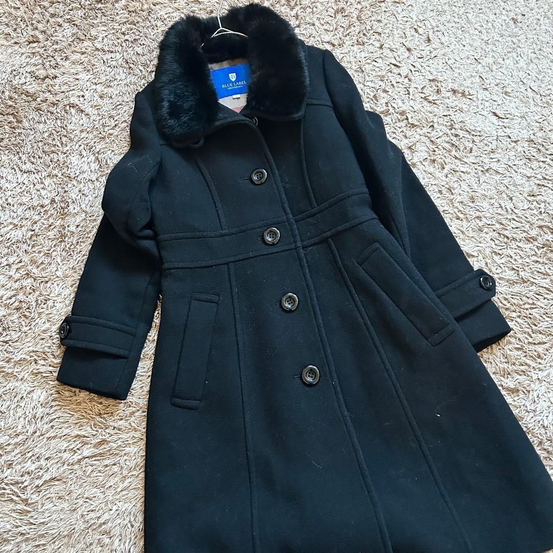 ブルーレーベルクレストブリッジ ウールコート 3ウェイ フード&ファー 黒 S ブルーレーベルクレストブリッジ ウールコート 3ウェイ フード&ファー