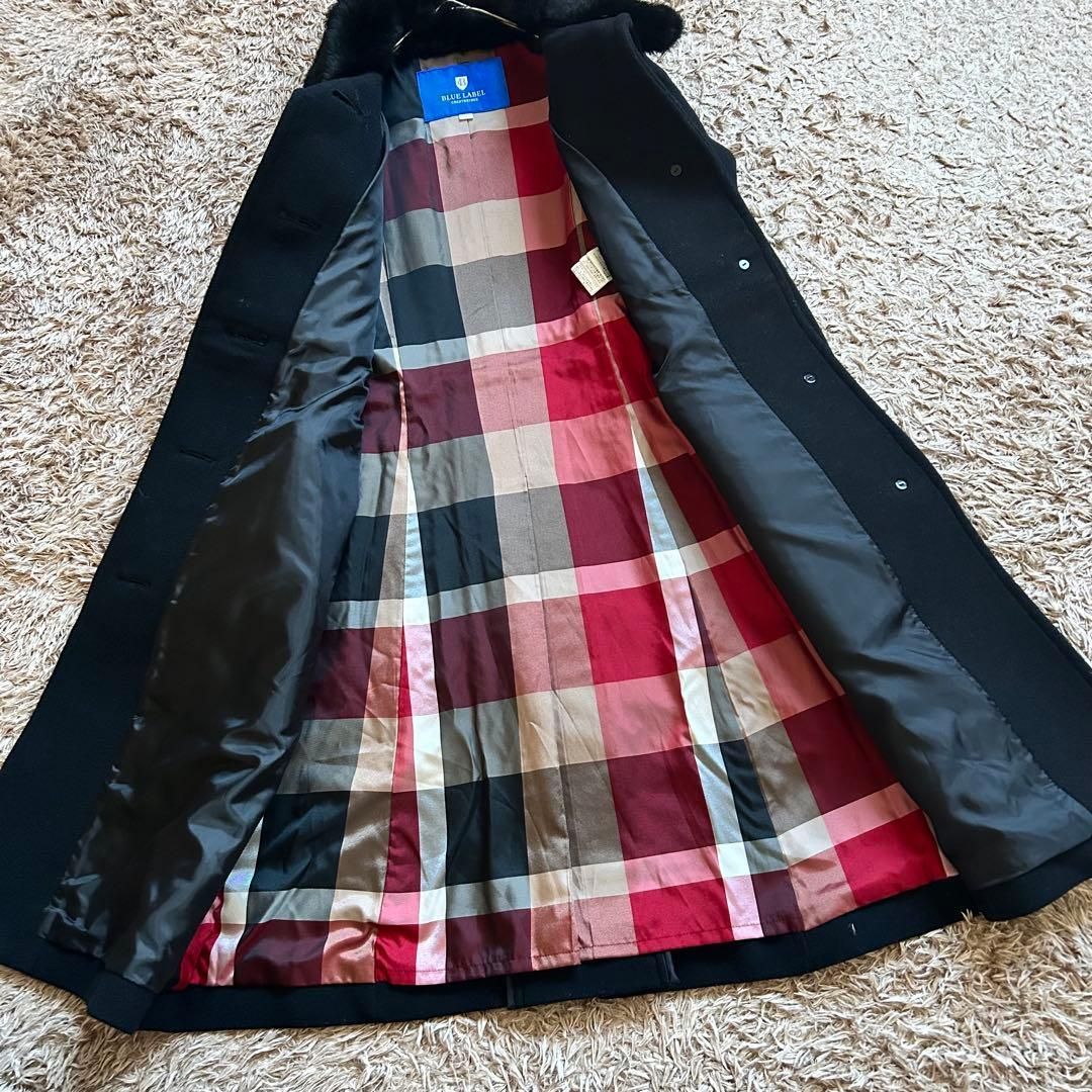 ブルーレーベル クレストブリッジ コート 36 黒 ラビットファー襟付き