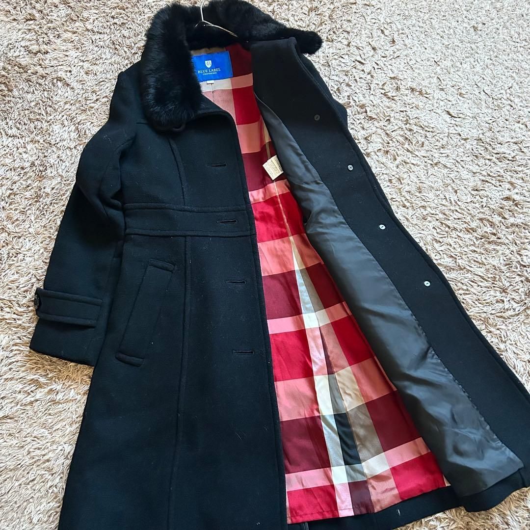 ブルーレーベル クレストブリッジ コート 36 黒 ラビットファー襟付き