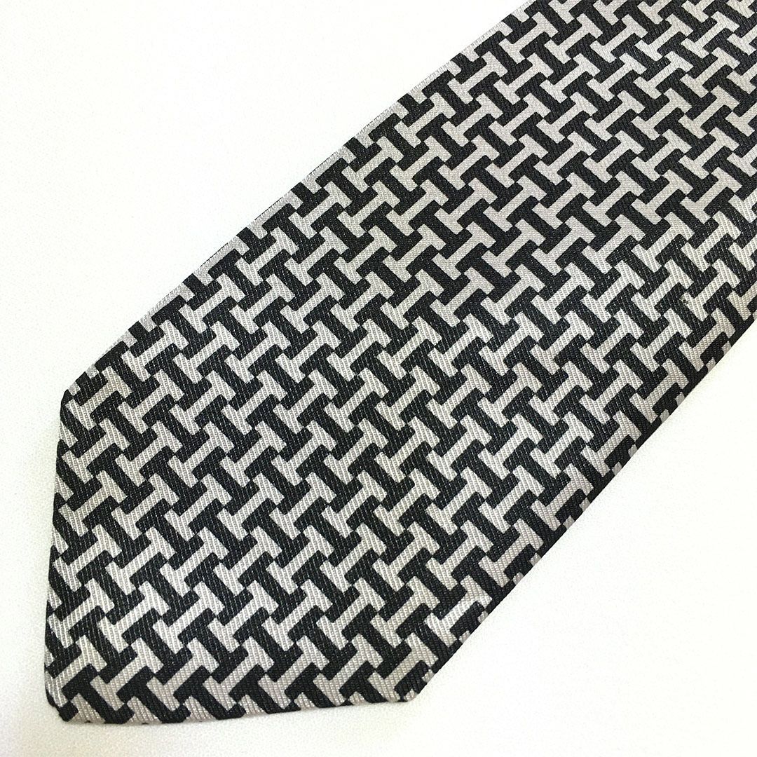 未使用級 エルメス HERMES ネクタイ シルク100% ブラック / シルバー